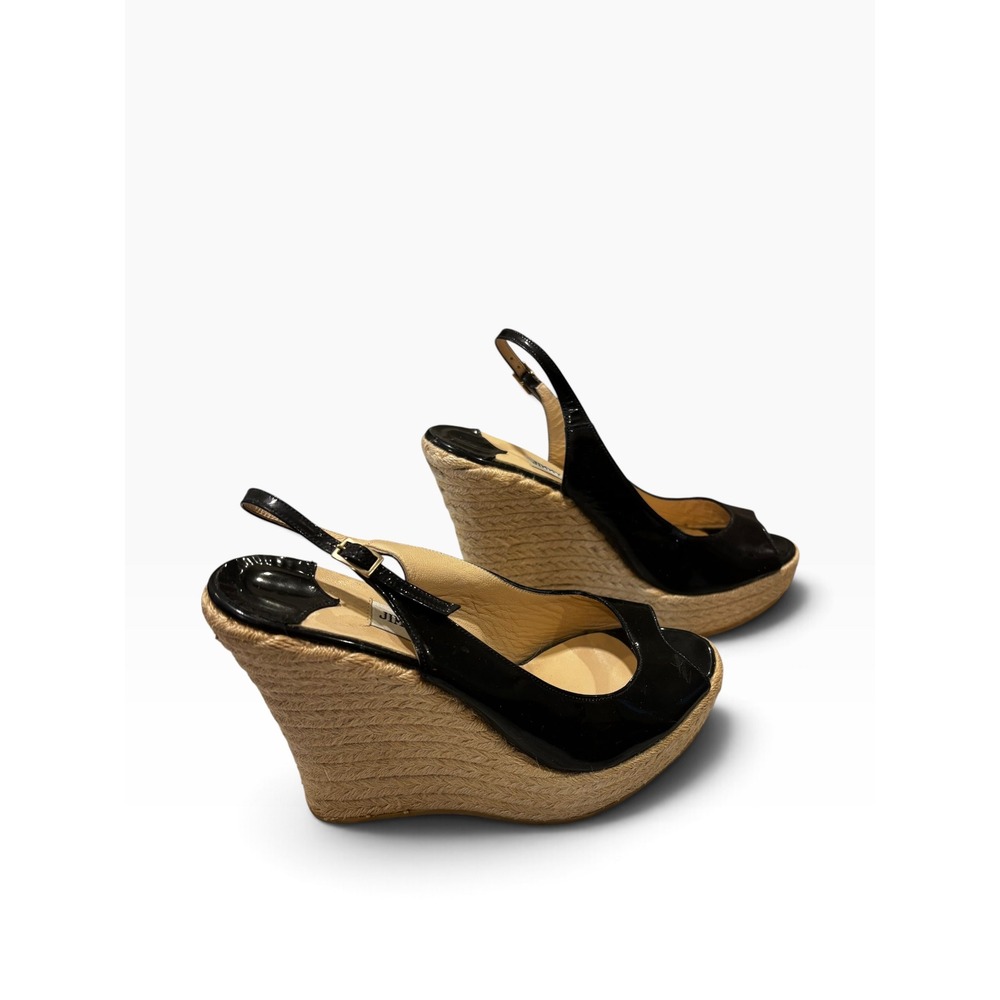 Jimmy Choo Wedge Sandals 39 Black Patent Leather Espadrille Slingback Peep Toe